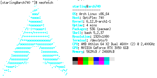 neofetch screenshot showing it's running arch linux, with an AMD Athlon 64 X2 and a NVIDIA GeForce RTX 3050